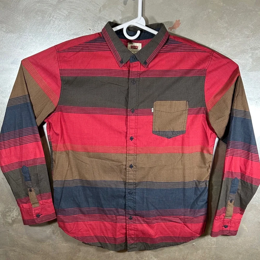 Levis Mens XL‎ Long Sleeve Button Down Shirt Red Brown Striped